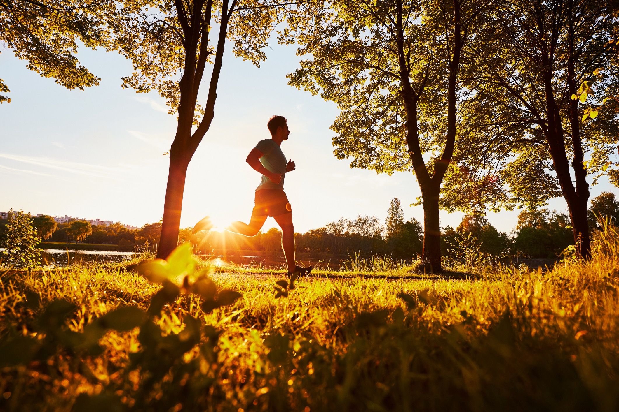 A runner jogging along a park trail at sunrise with warm golden light