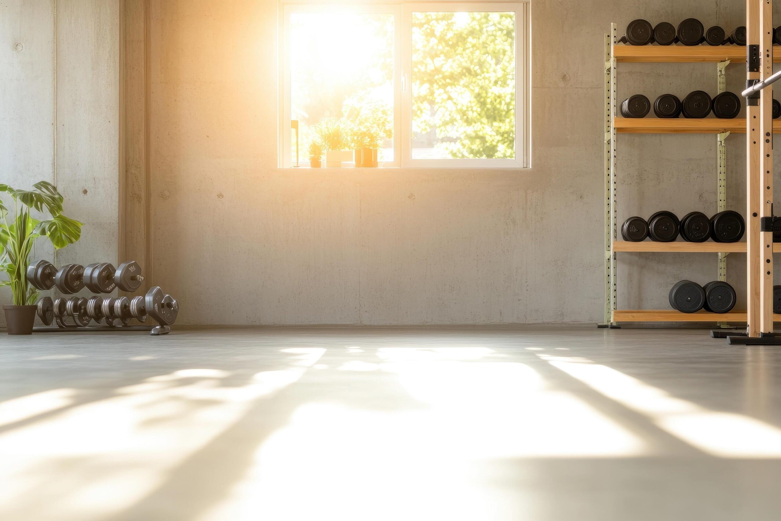 A bright home gym corner with dumbbells and a bench lit by morning sunlight