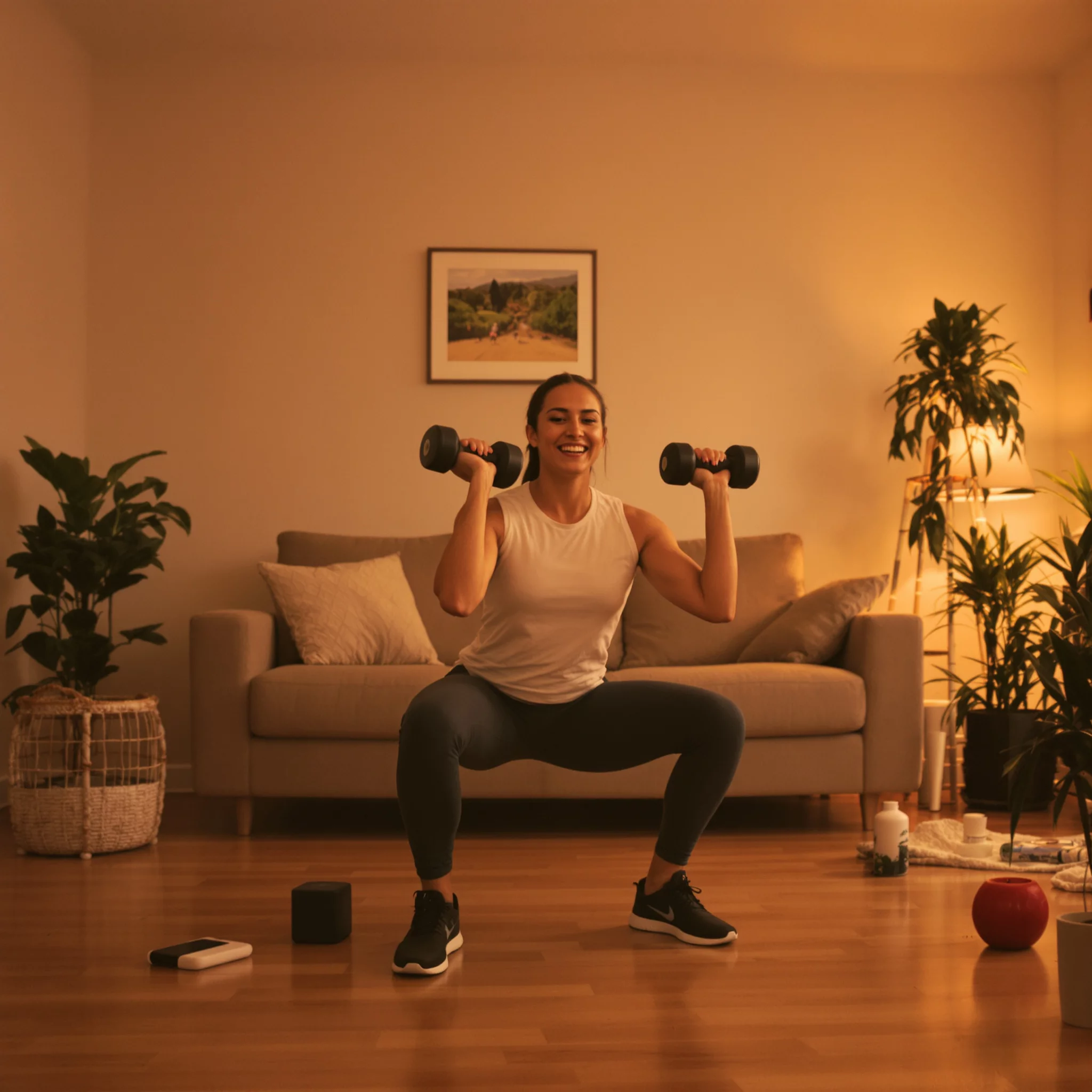 A woman doing a dumbbell workout in her living room under warm evening lamp light