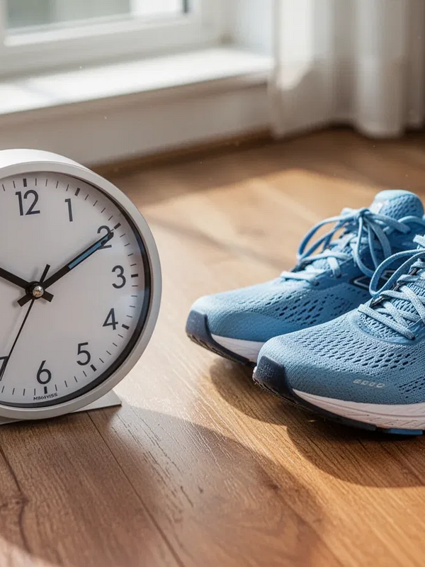 An alarm clock placed beside running shoes on a wooden floor