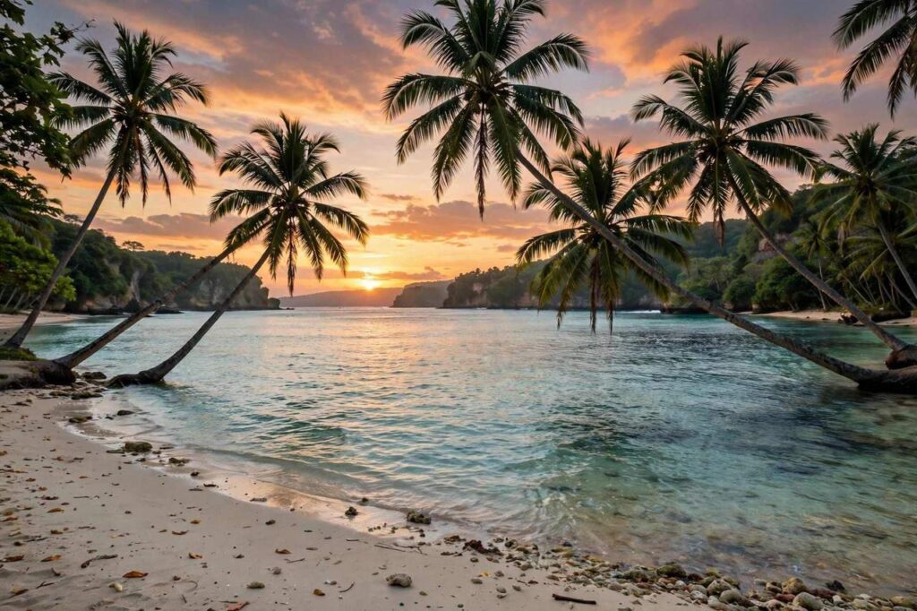 Tropical beach in Bali with palm trees and clear turquoise water at sunset
