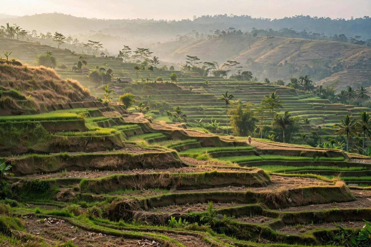 Lush green rice terraces in Ubud Bali during the dry season