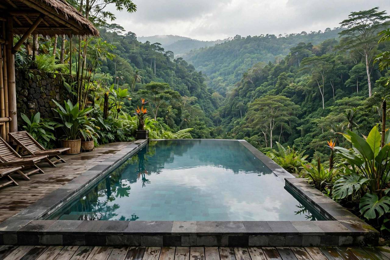 Infinity pool at a Bali resort overlooking tropical jungle valley