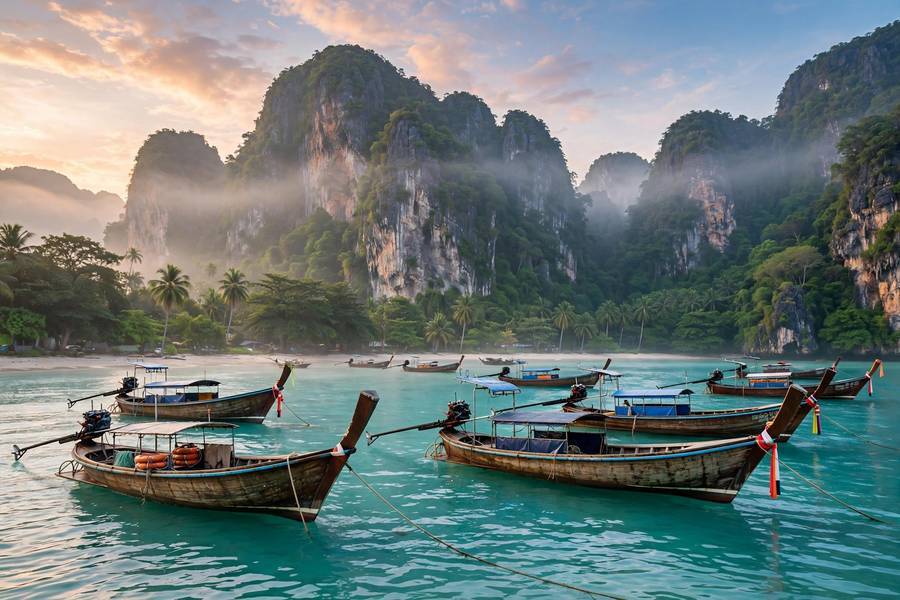 Longtail boats in calm turquoise water at sunrise — the best time to visit Thailand brings clear skies and flat seas