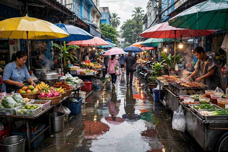 A Bangkok market during a brief rainy-season shower, typical of Thailand's green season months