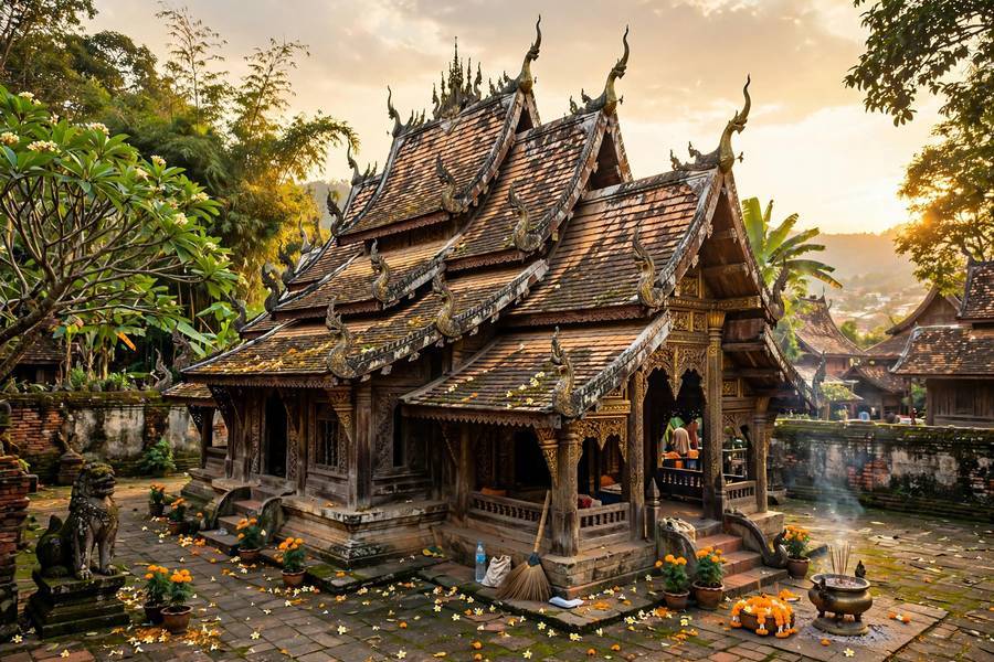 A Chiang Mai temple at golden hour during the cool season, the most pleasant time to visit northern Thailand