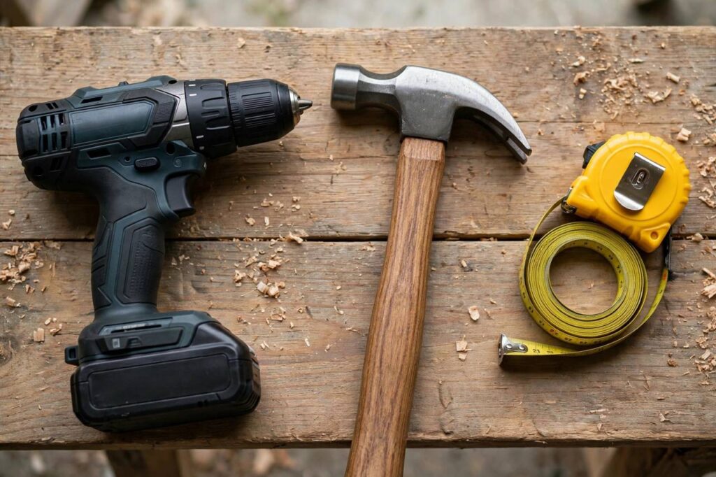 Essential homeowner tool kit laid out: drill, hammer, tape measure