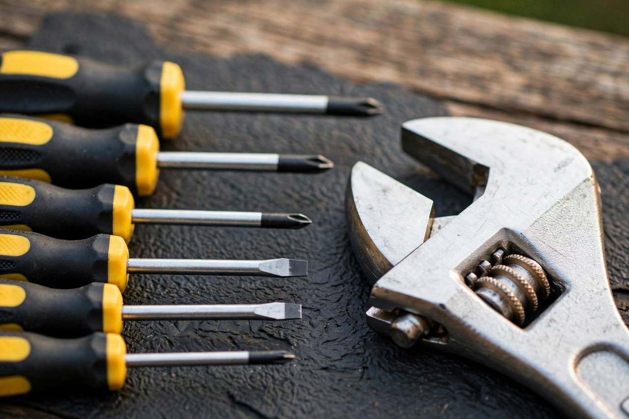 Close-up of quality screwdriver set and adjustable wrench