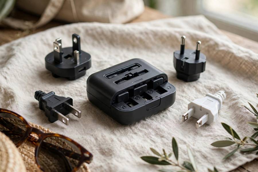 Universal travel adapter with multiple plug types displayed