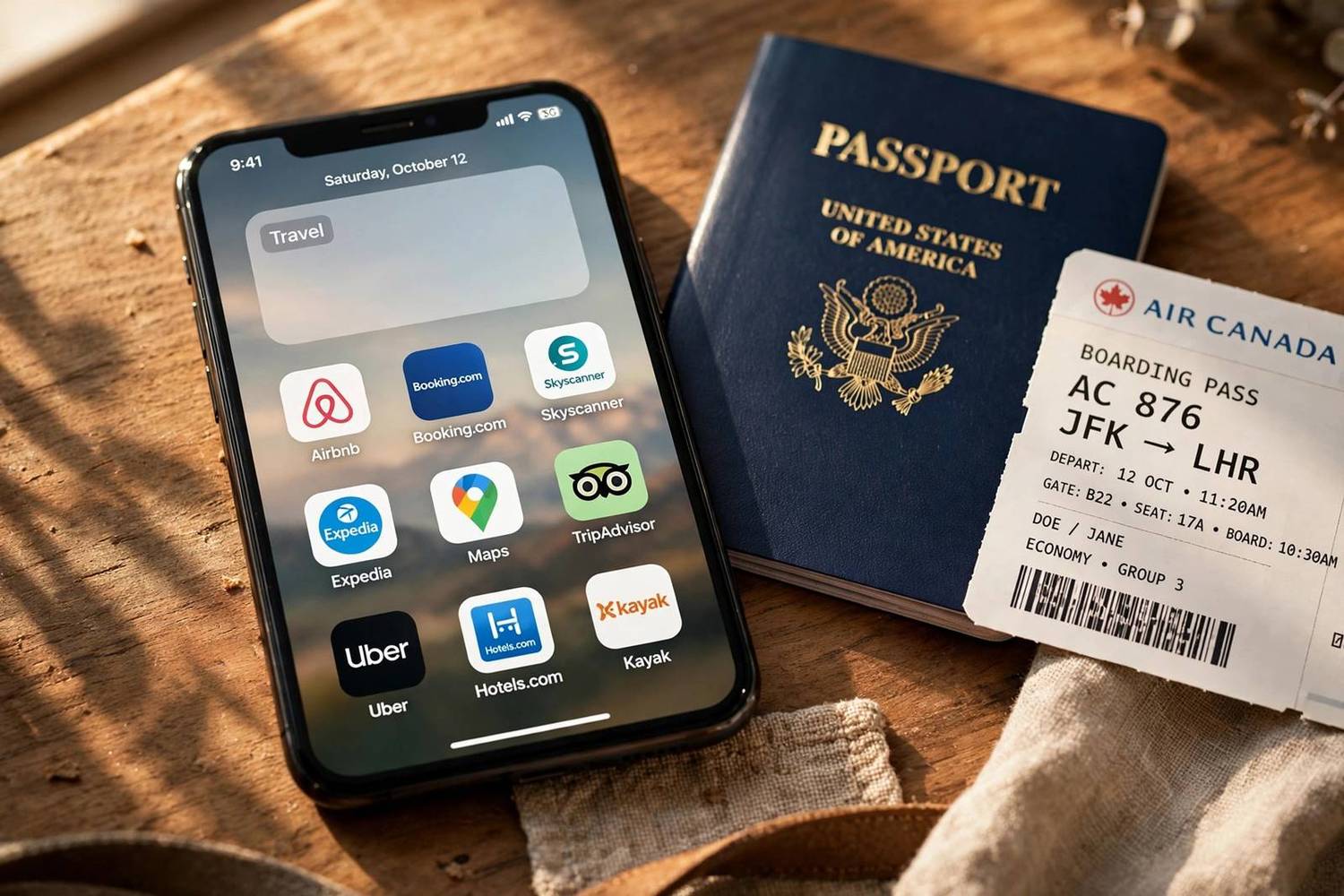 Close-up of a smartphone displaying travel apps on the home screen