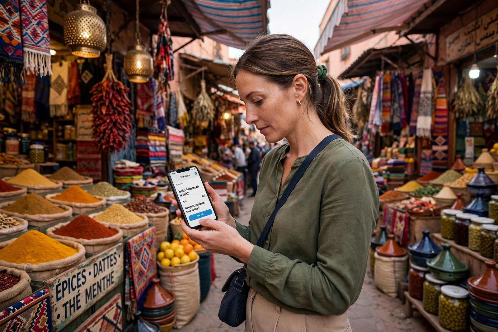 Woman using a translation app on her phone in a foreign market