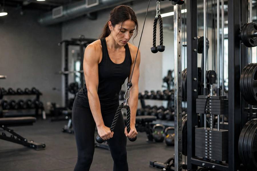 Woman doing cable tricep pushdowns at the gym