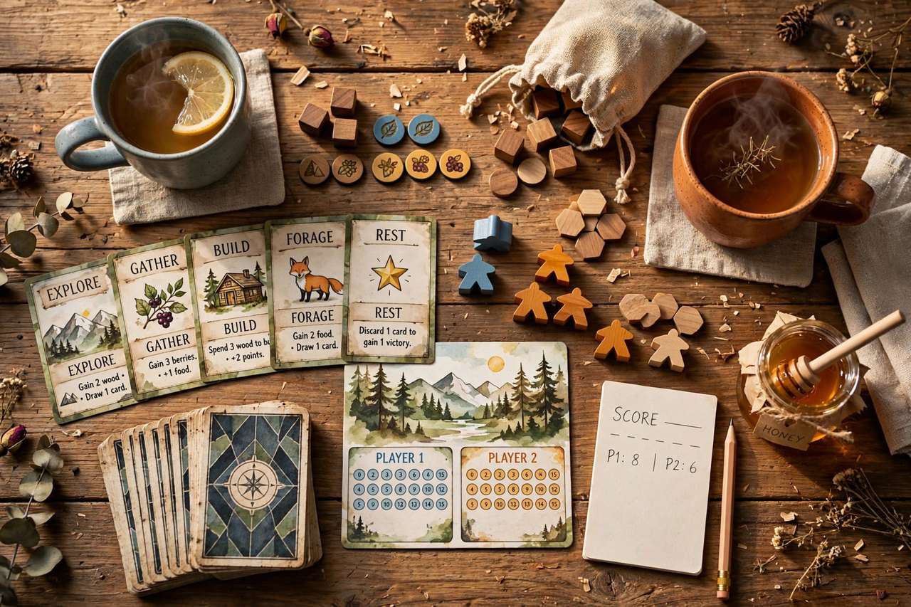 Board game pieces and cards laid out for two players