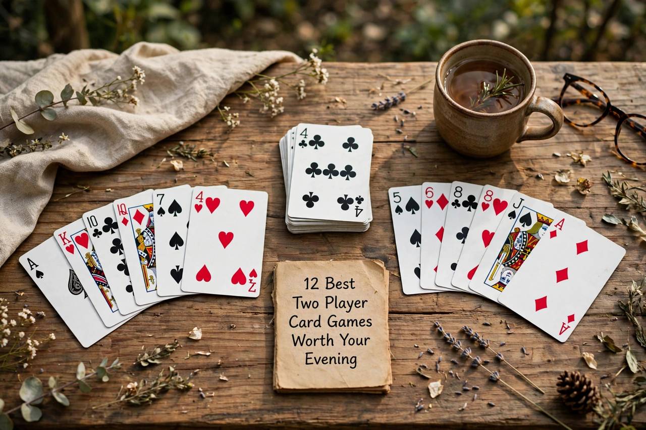Two hands of playing cards dealt on a wooden table for a two player game