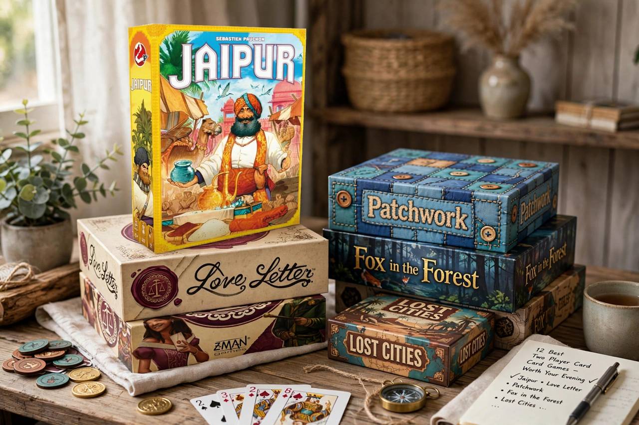 Stack of card game boxes including Jaipur and Love Letter on a shelf