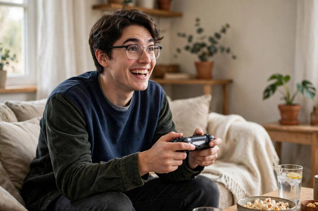 Person playing video games for the first time with a controller smiling