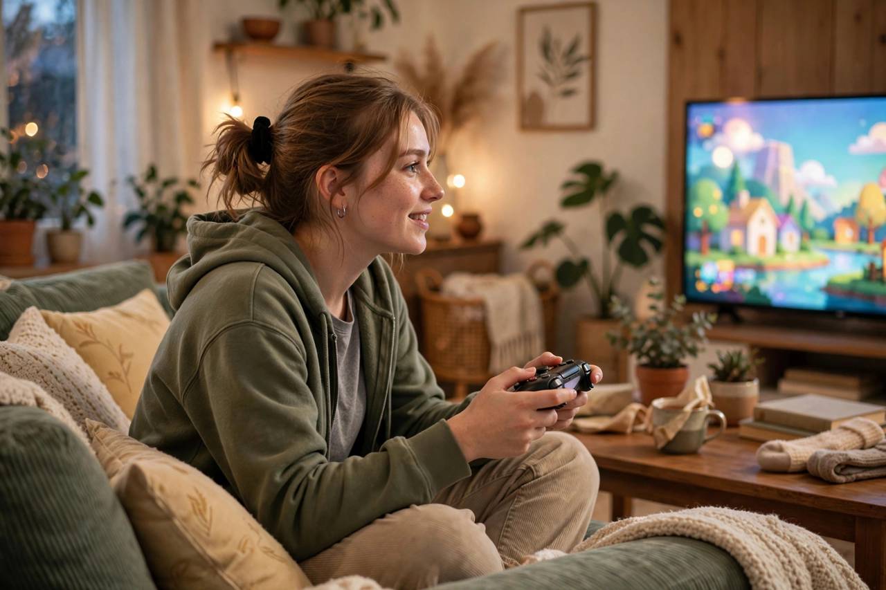 Beginner gamer playing a colorful cozy video game on a couch with controller