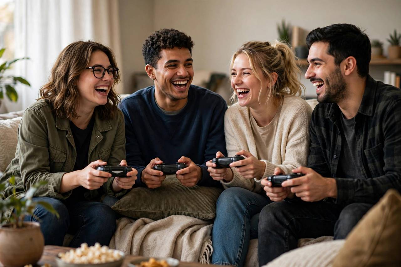 Friends playing video games together laughing on a couch with controllers