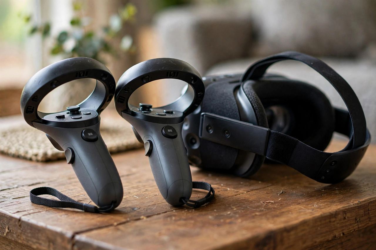 A close-up of VR motion controllers resting on a coffee table beside a headset