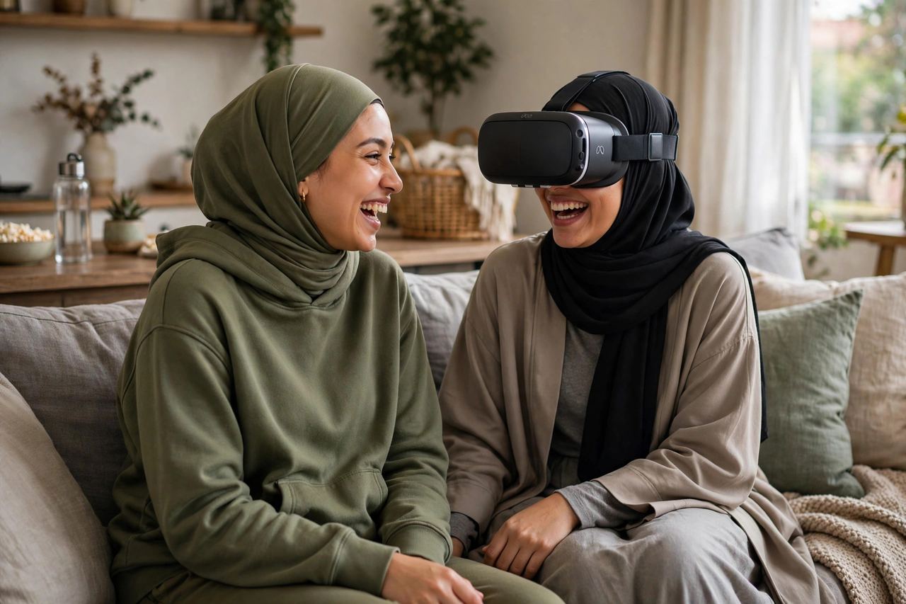 Two friends taking turns with a VR headset on a couch, laughing — VR is better shared
