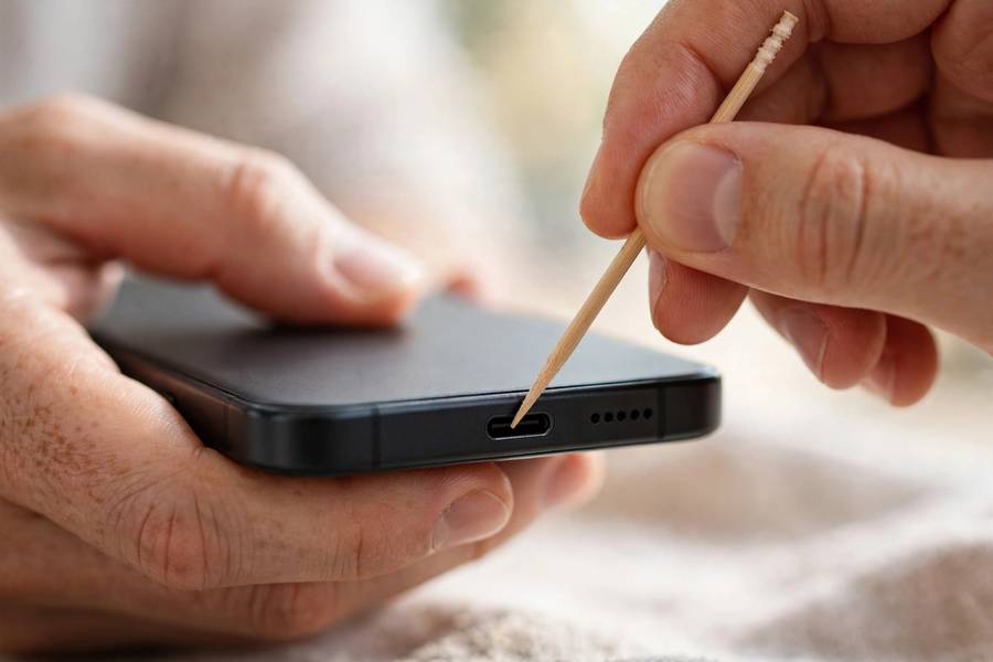 Safe phone cleaning tools: wooden toothpick, soft brush, and compressed air