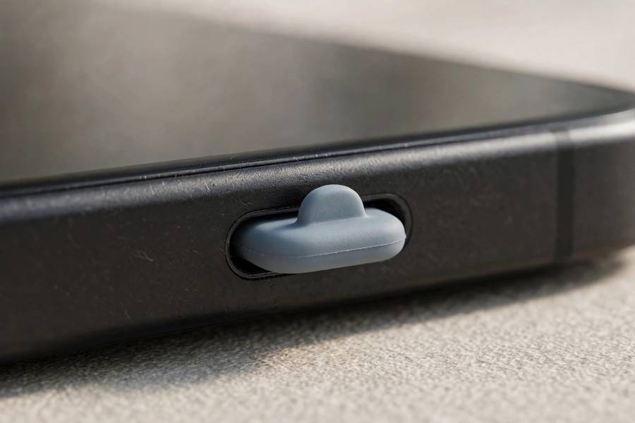 Silicone dust plug protecting an iPhone charging port