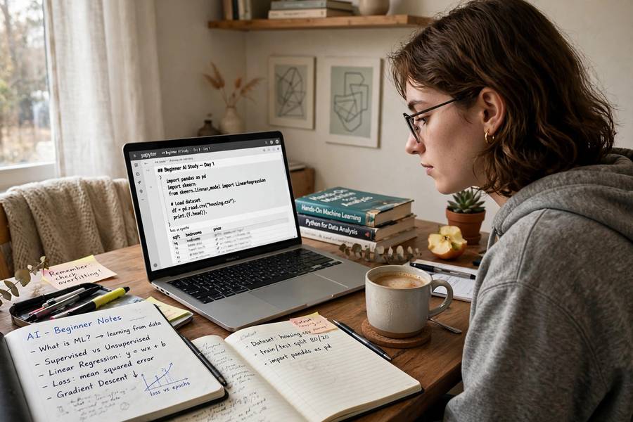 A beginner learning AI at a home desk setup