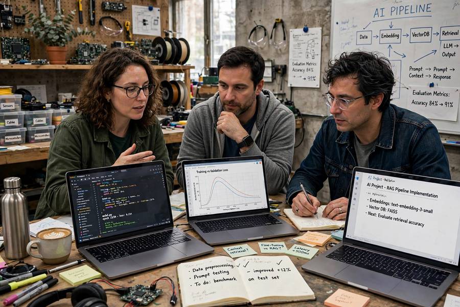 Beginners collaborating on an AI project in a workshop
