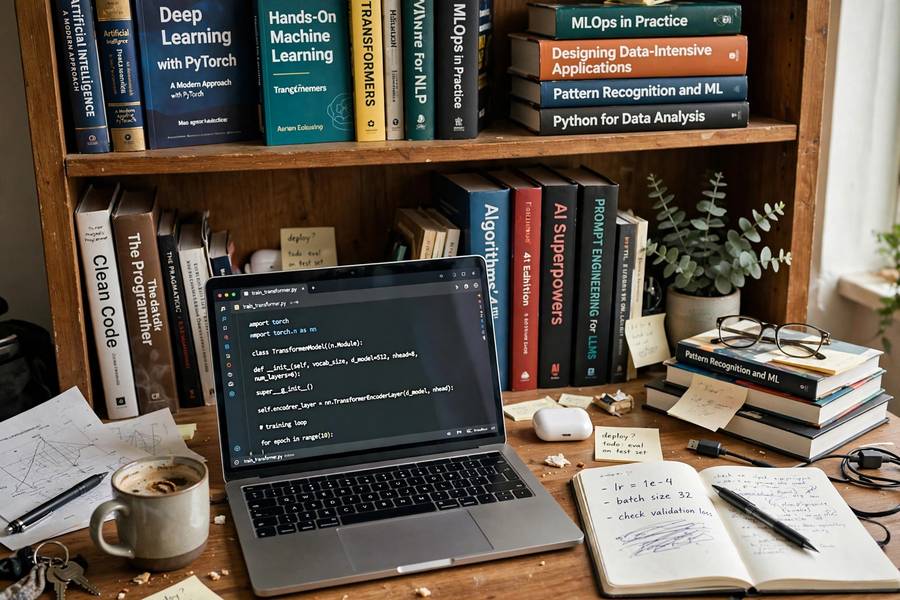 AI and programming books on a shelf above a workspace
