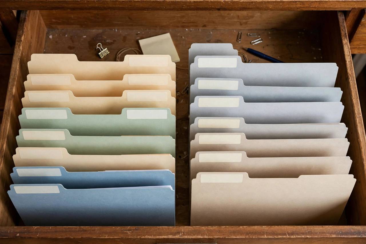 Neatly labeled file folders organized in a home office drawer