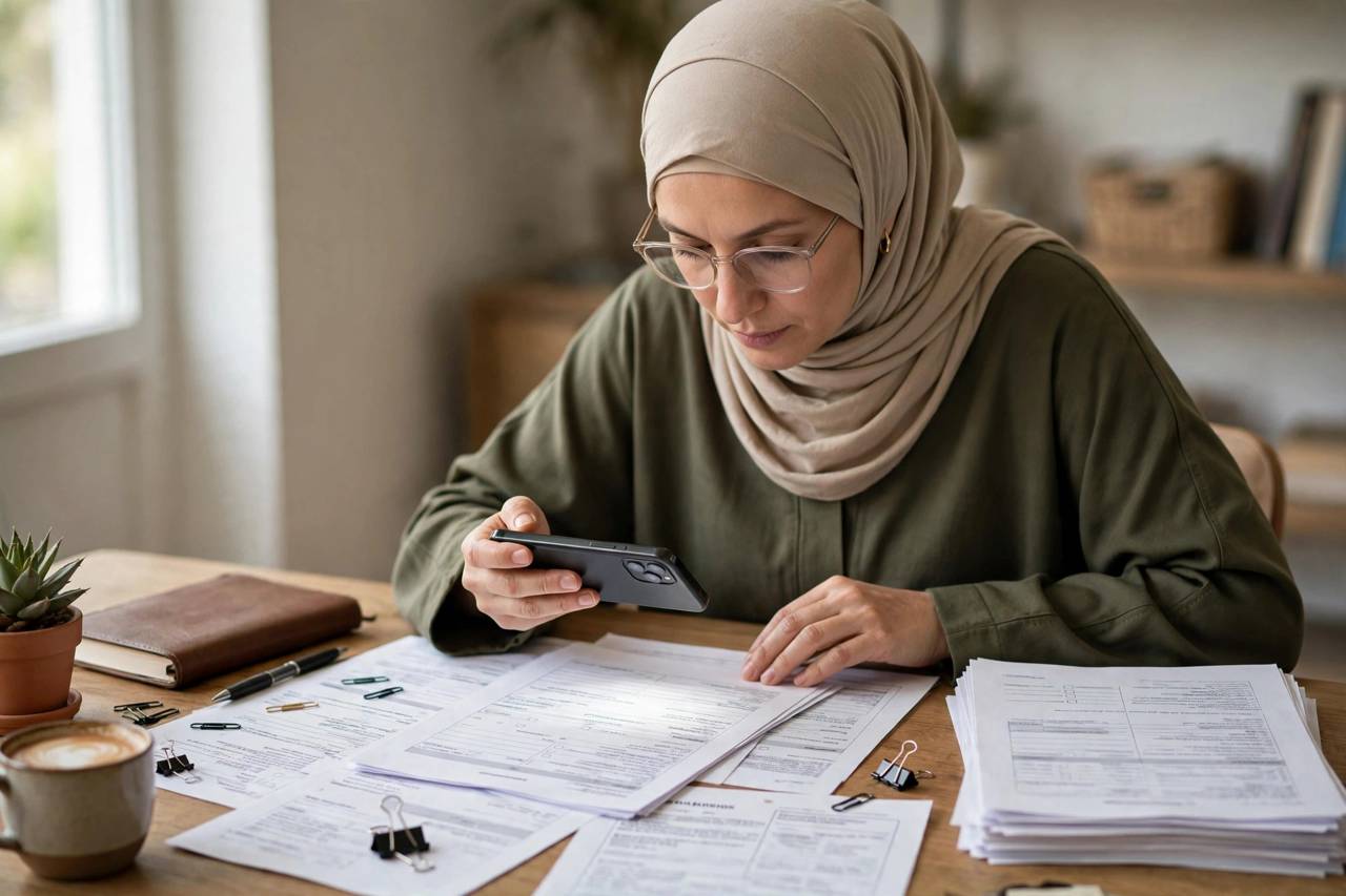 Person scanning paper documents with a smartphone on a desk