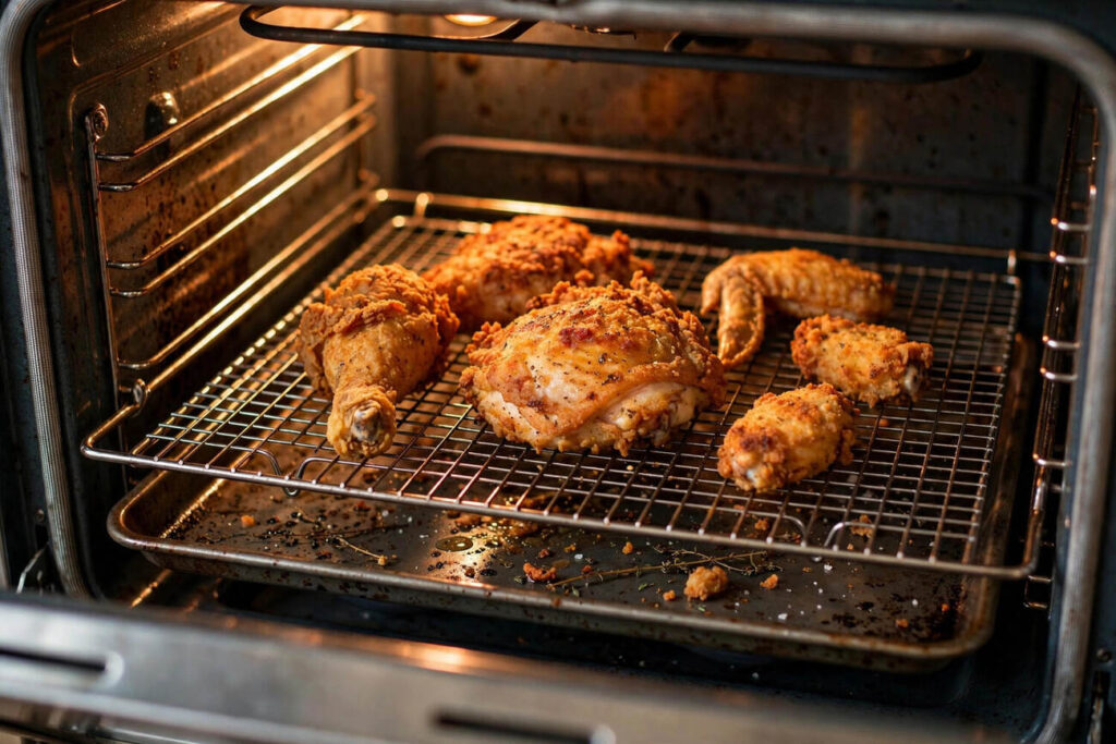 Crispy fried chicken pieces reheating on a wire rack in the oven