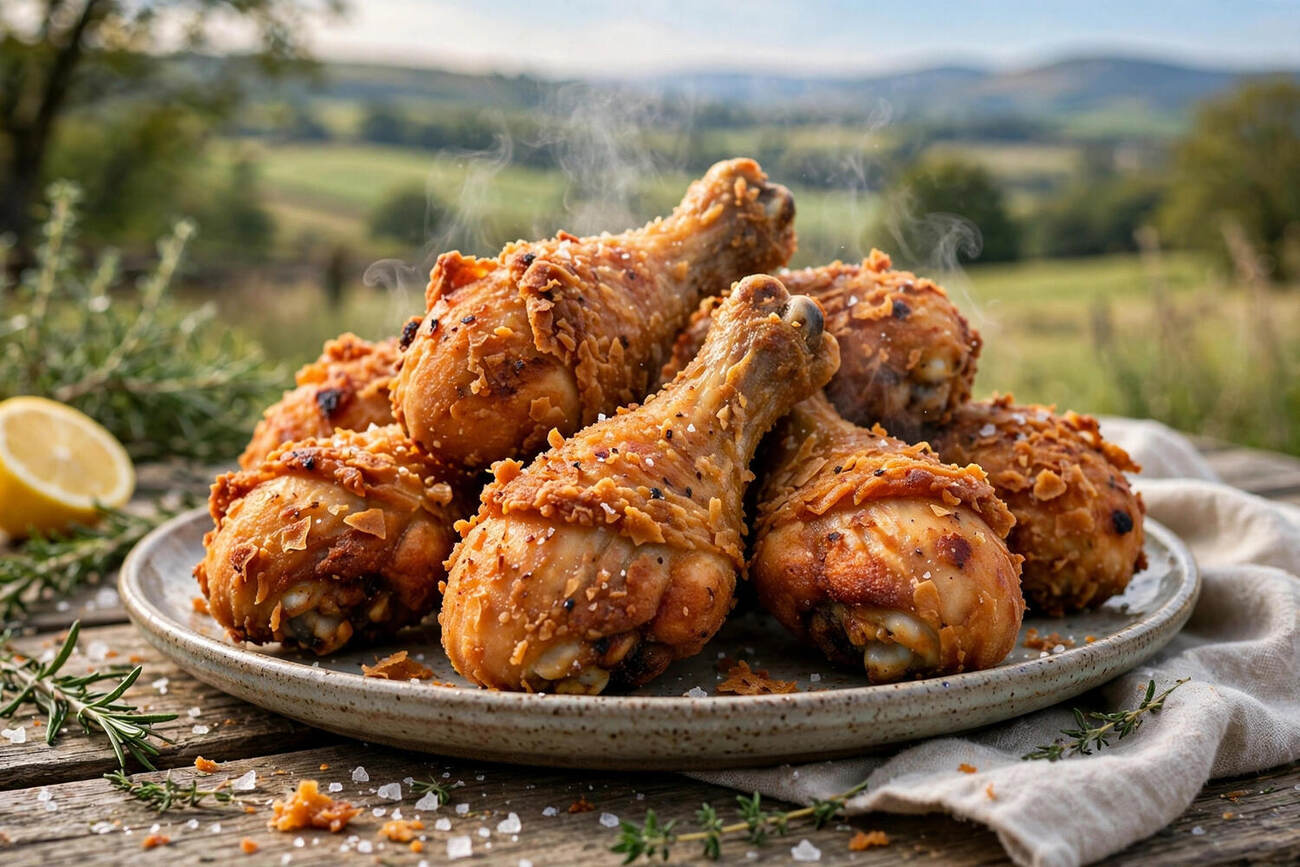 Golden fried chicken drumsticks fresh from the oven, crispy coating