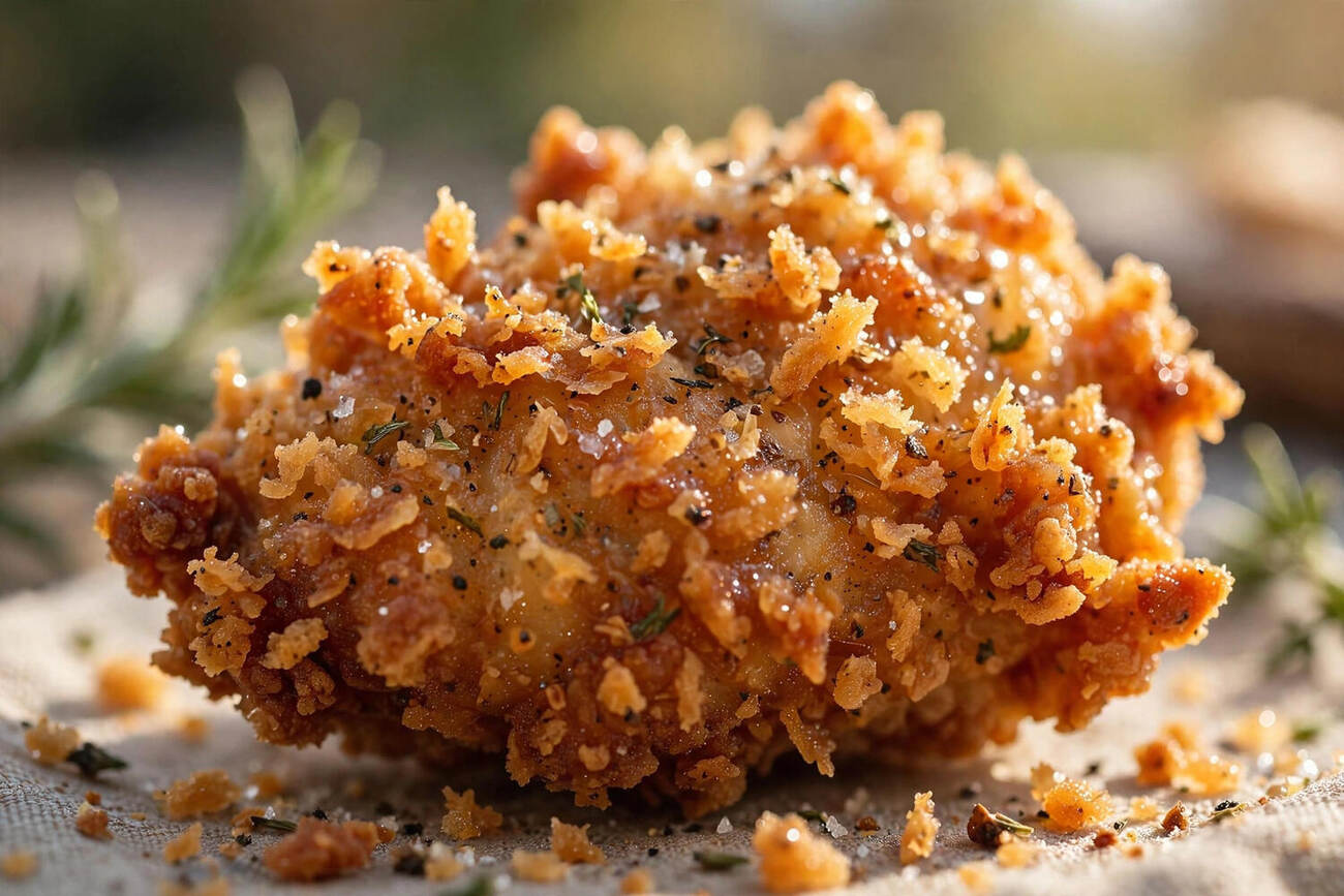 Close-up of crunchy fried chicken coating glistening
