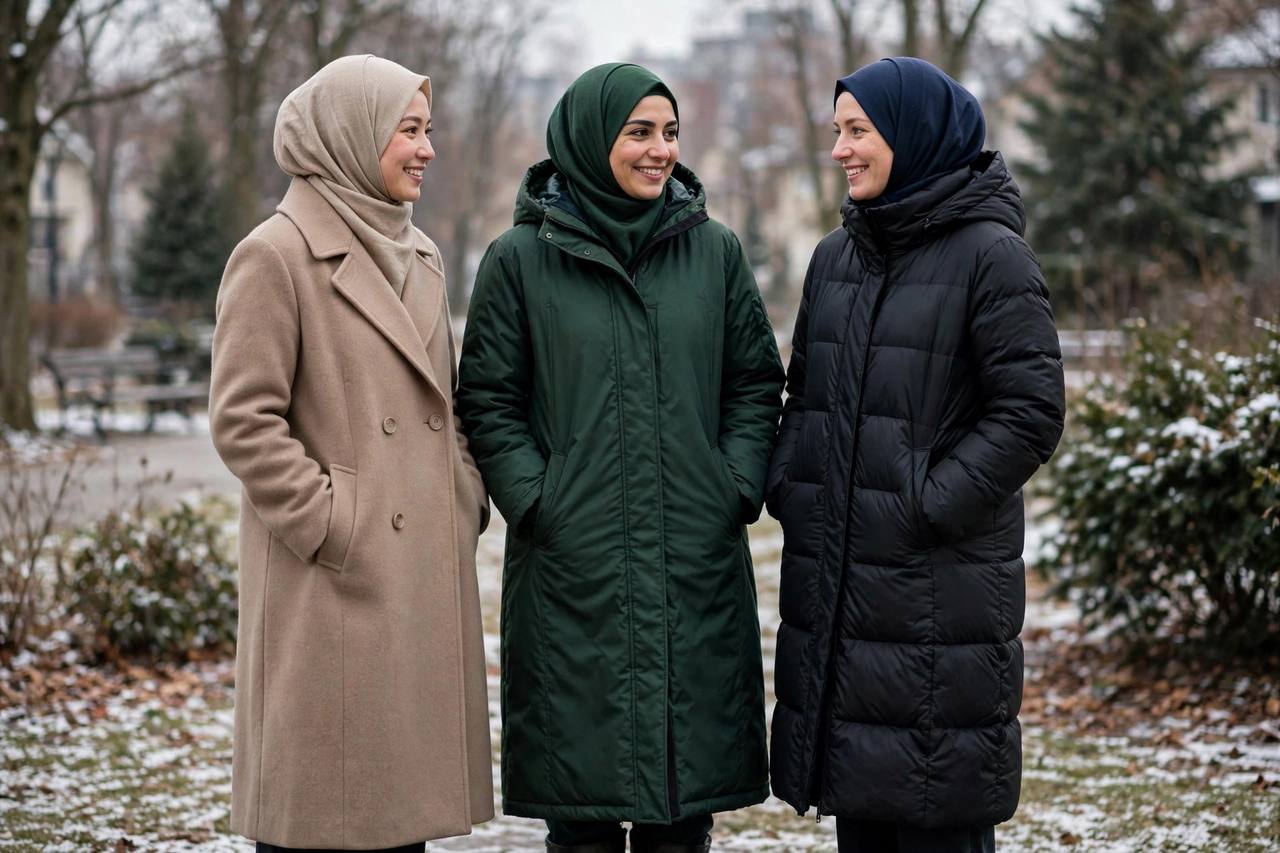 Three women in modest long winter coats of different styles — wool overcoat, down parka and puffer — standing together outdoors