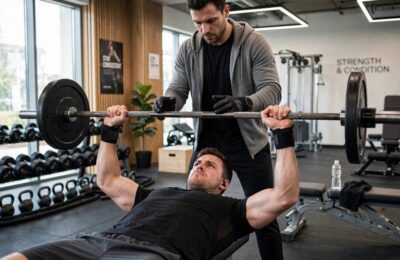 Lifter doing bench press on push day of the best workout splits