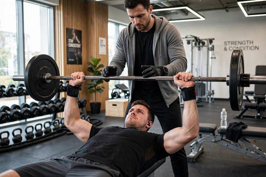 Lifter doing bench press on push day of the best workout splits
