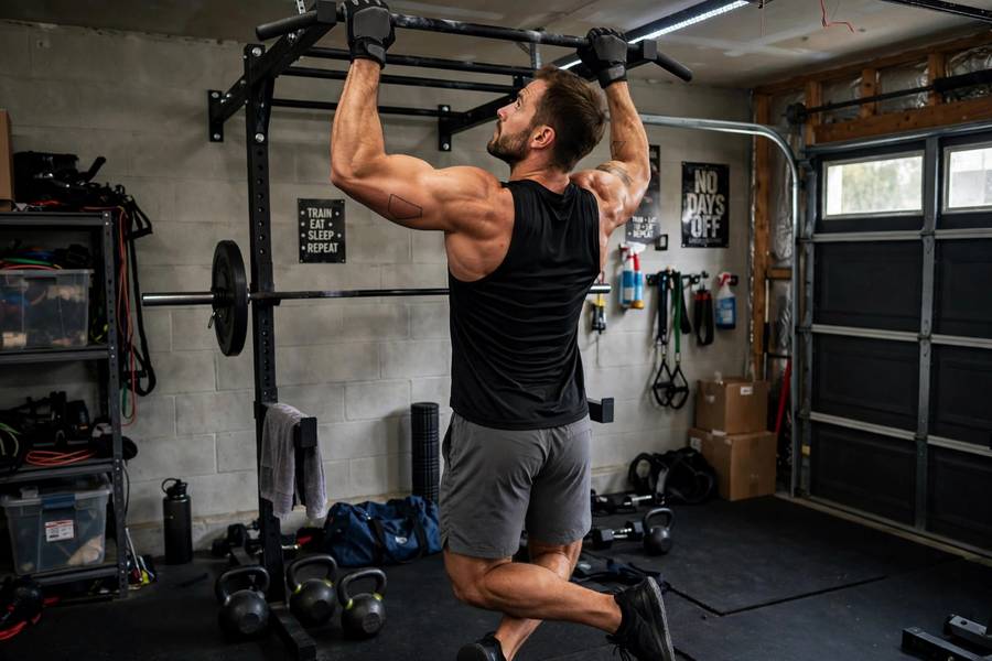 Man doing pull-ups on pull day following the best workout splits