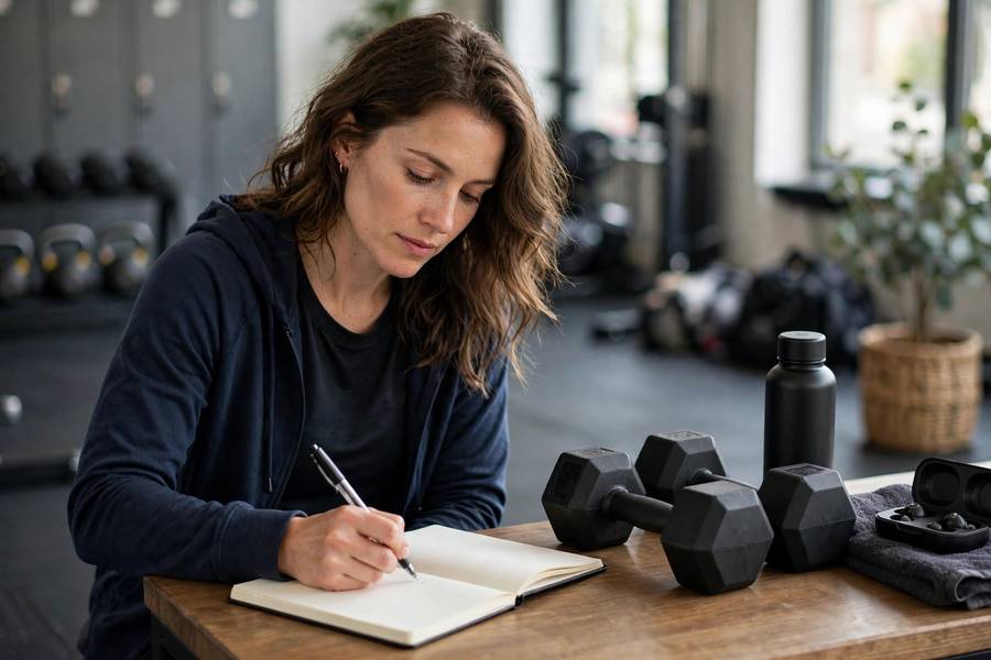 Woman planning her arm workout split in a training log