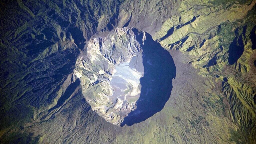 The vast caldera of Mount Tambora in Indonesia, photographed from the International Space Station