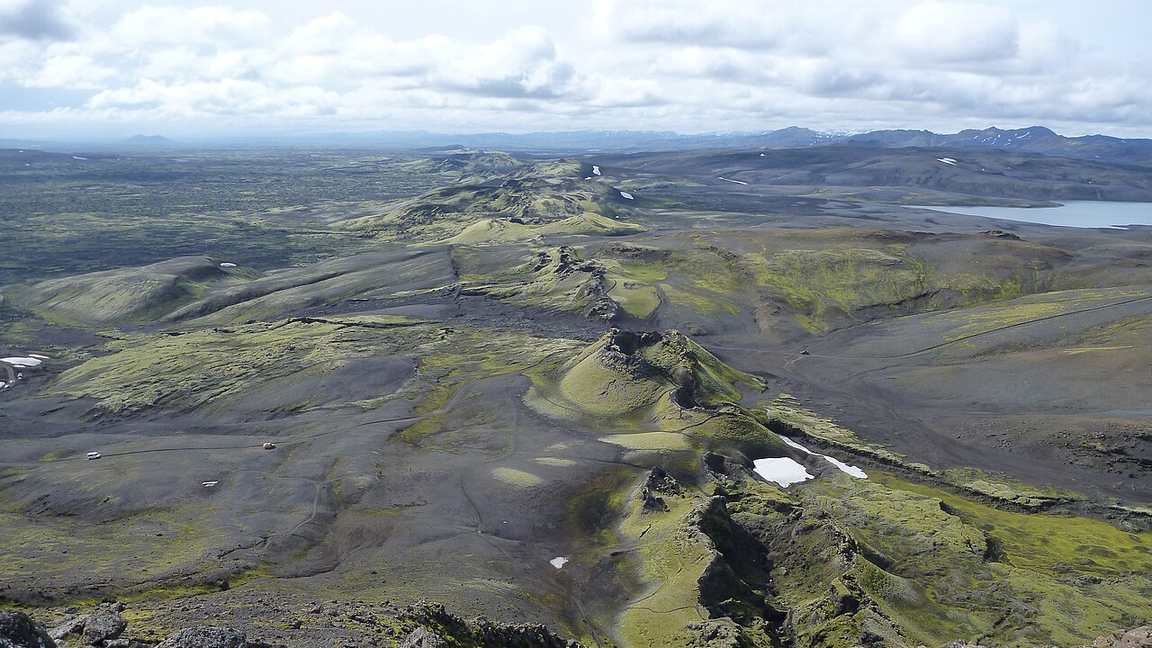 The moss-covered row of craters along the Laki fissure in Iceland, source of the 1783 eruption