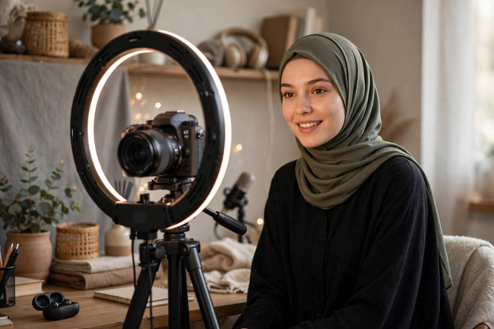A vlogger recording a video with a camera and ring light in a home studio