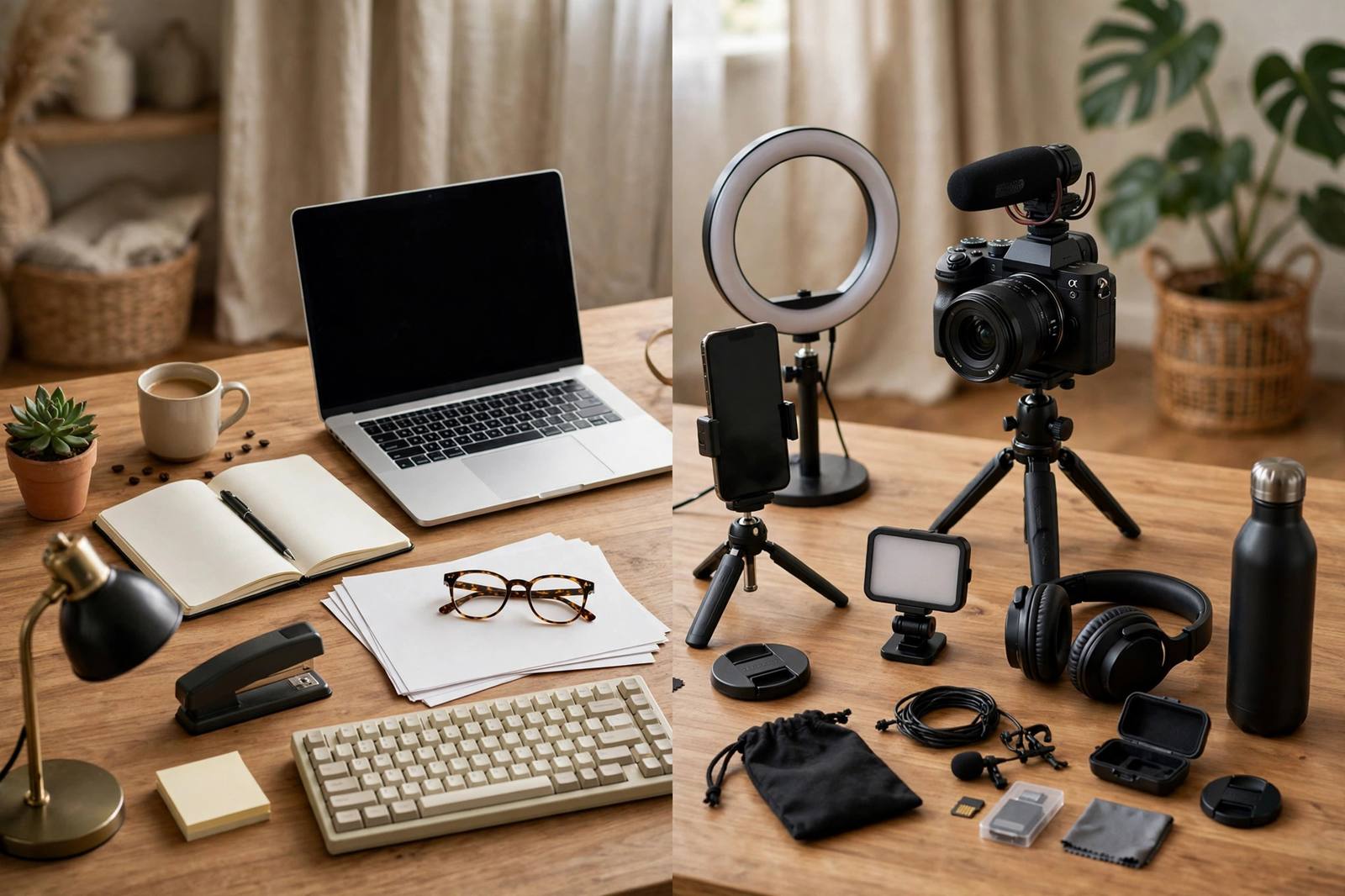 Side-by-side comparison of blogging and vlogging setups on a desk