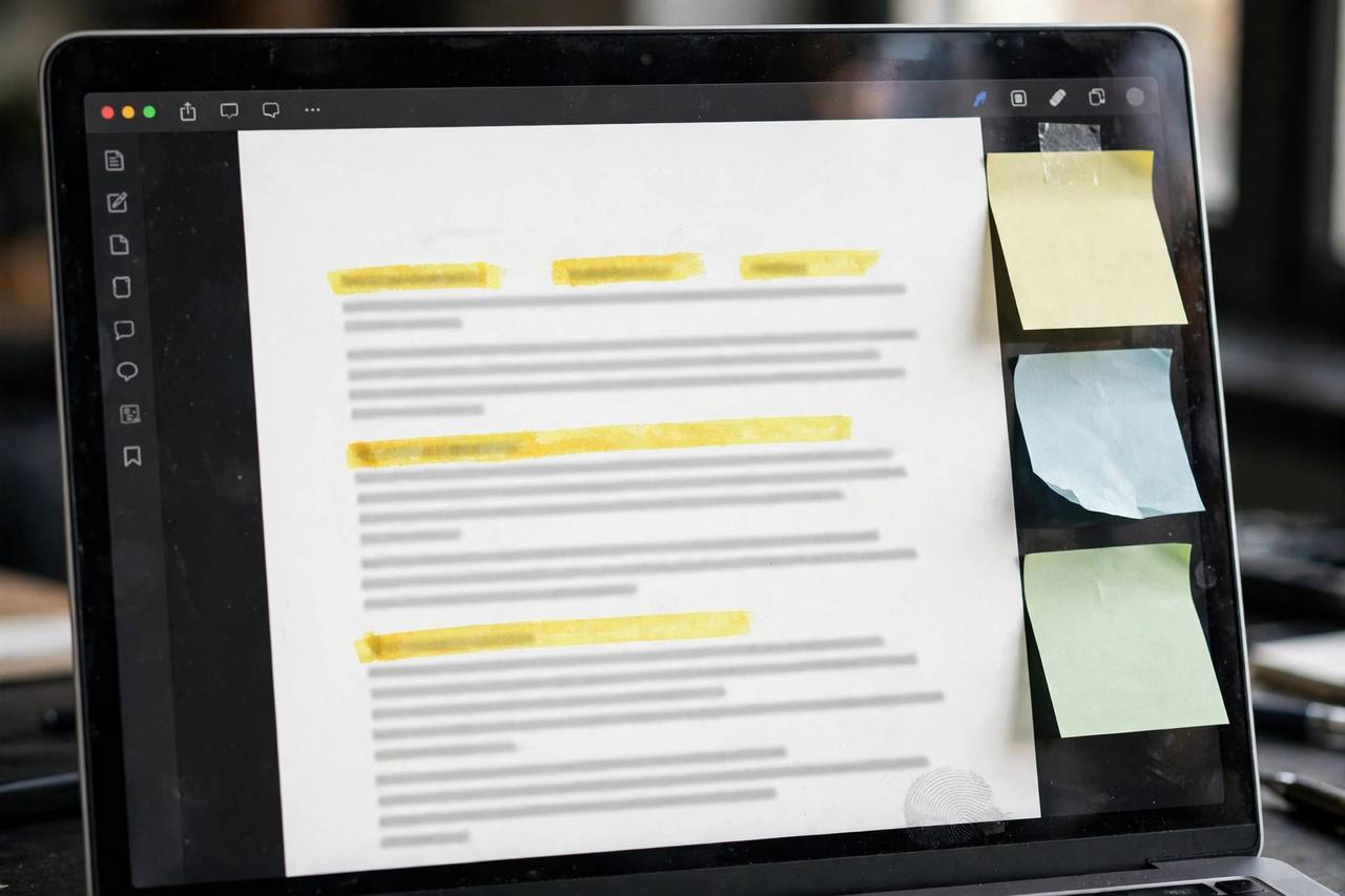 Close-up of a blog post draft on screen with subheadings highlighted and margin notes