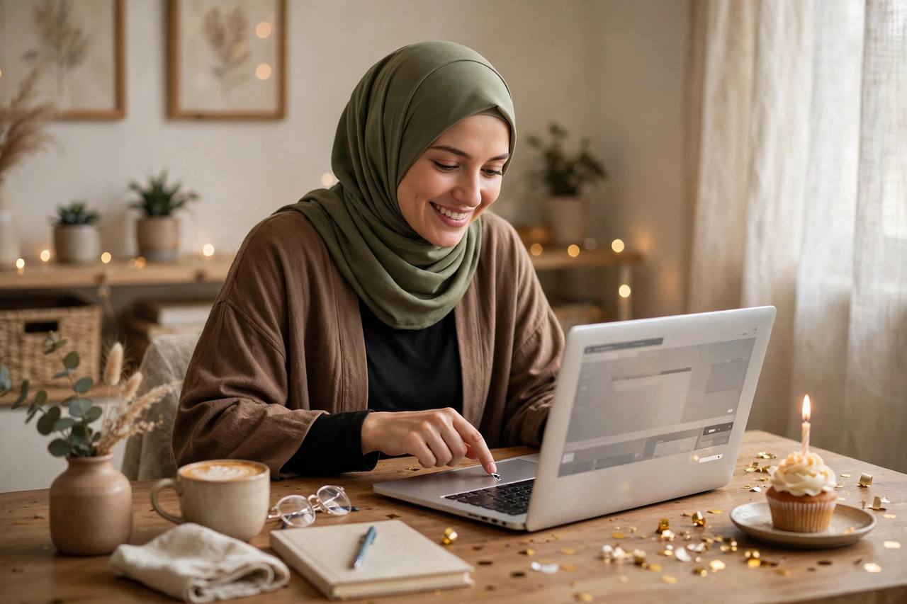 Blogger clicking publish on a finished article with a small celebratory desk setup