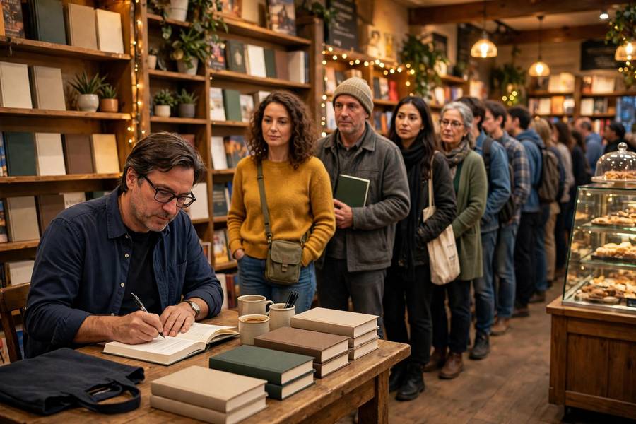 Author signing books at bookstore event, long line of readers, warm indoor lighting, photorealistic