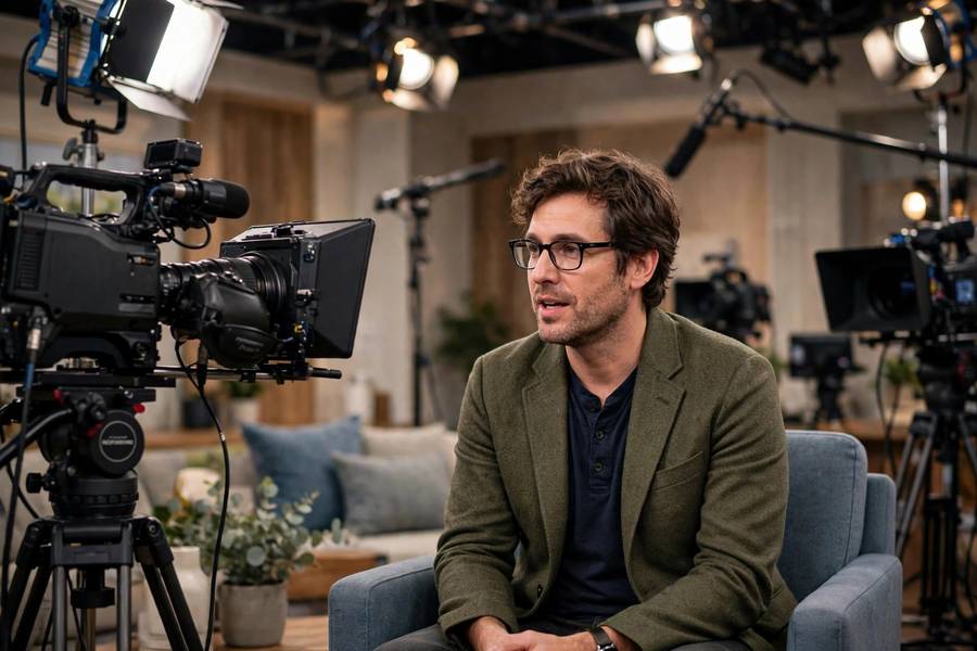 Author being interviewed on morning television show set, cameras and lights, photorealistic