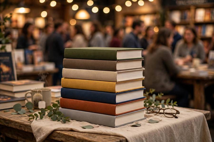 Stack of hardcover books on display table at bookstore event, blurred crowd behind, photorealistic