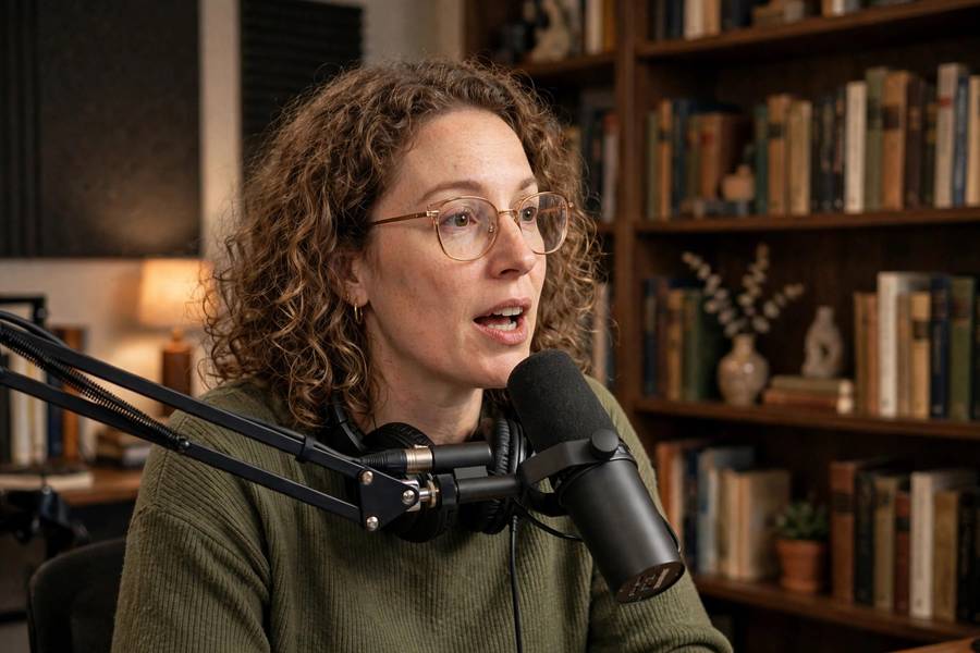 Author speaking into podcast microphone in studio, bookshelves background, photorealistic