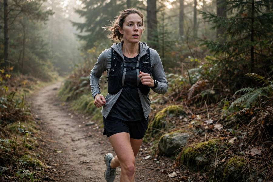 Runner practicing rhythmic breathing on morning trail run